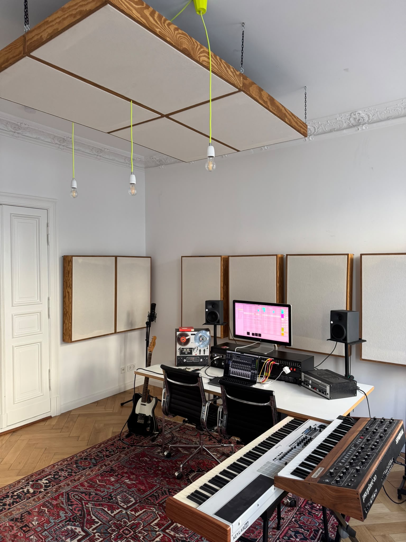 Ceiling acoustic cloud above the control room